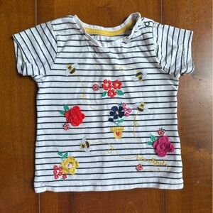 Striped Floral Embroidered Kids Tee - White with Multicolor Flowers 12-18M